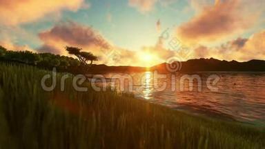 一对夫妇享受日落，美丽的绿色草地和被群山环绕的湖泊
